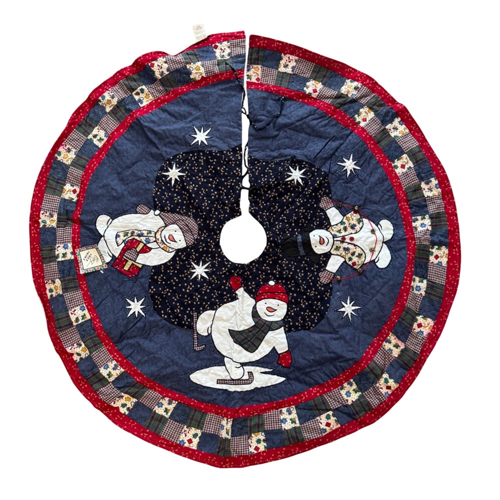 Vintage 90s Quilted Christmas Tree Skirt 42" Celestial Snowmen Patchwork